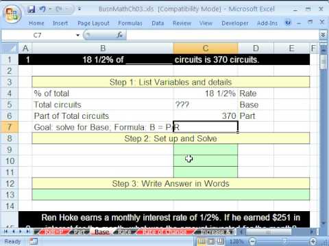Excel Busn Matematik 27: Tabanı Yüzde Formüldeki Çözmek
