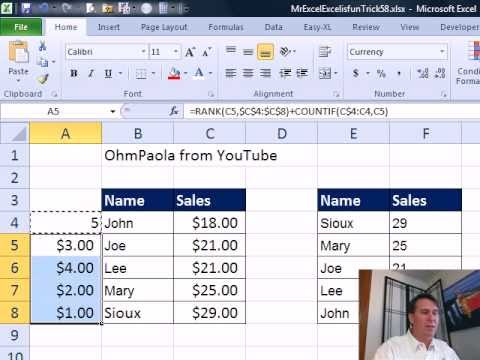 Bay Excel Ve Excelisfun Numara 58: Sıralama Formülü İçin En Büyük Satış Ve Satış Temsilcisi Adları İle Bağlantılı Resim 1