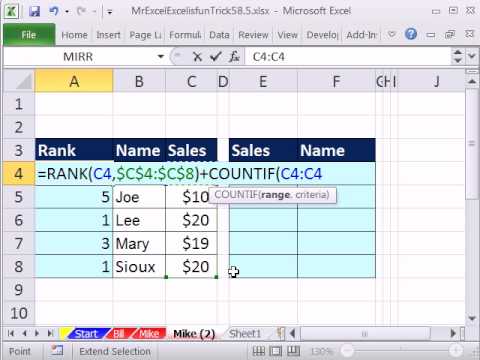 Bay Excel Ve Excelisfun Hile 58.5: Sıralama Formülü İçin En Büyük Satış Ve Satış Temsilcisi Adları İle Bağlantılı