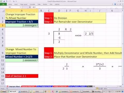 Excel 2010 İş Matematik 19: Karışık Sayıya Yanlış Kesir, Yanlış Fraksiyonu Karışık Numarasına