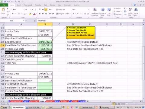 Excel 2010 İş Matematik 65: Hesaplama Nakit İskontoları Eom, Rog, İlave, Boole Matematik Formülleri