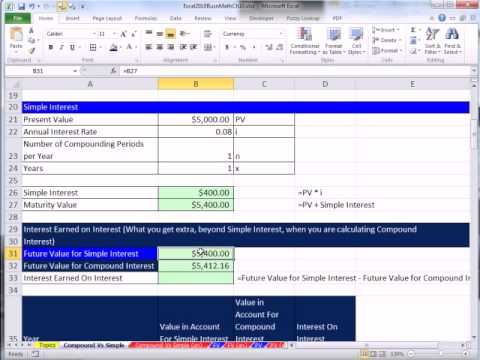 Excel 2010 İş Matematik 80: Basit Ve Bileşik Faiz Ve Gelecekteki Değer Hesaplamaları Karşılaştırın