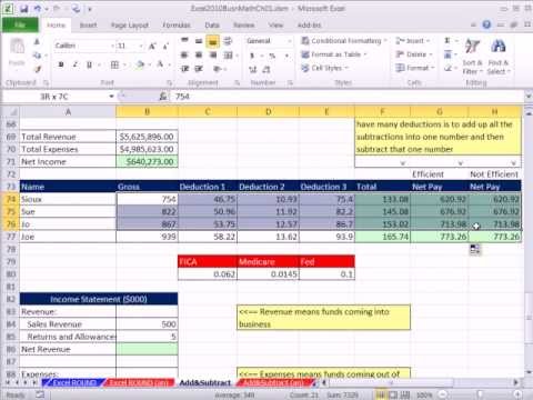 Excel 2010 İş Matematik 12: Ekleme Ve Excel'de Çıkarılarak