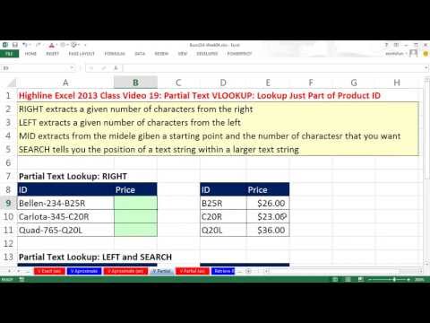Highline Excel 2013 Sınıf Video 19: Sol, Orta, Metin İşlevleri Tam, Kısmi Metin Düşeyara Aramak.