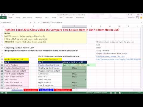 Highline Excel 2013 Sınıf Video 26: Excel Karşılaştır İki Liste Formülü: Listesindeki Öğeyi? Öğe Listesinde Değil Mi? Resim 1