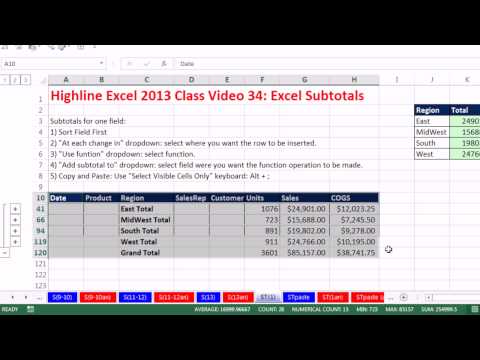 Highline Excel 2013 Sınıf Video 34: Excel Alt Toplamları, Ekle Alt Toplamlar Bir Veya İki Sütun Temel Alan Resim 1